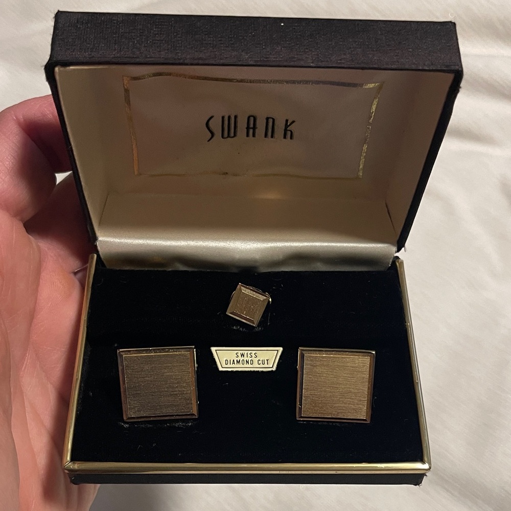 SWANK Gold-Tone Square Cufflinks and Matching Tie Tack